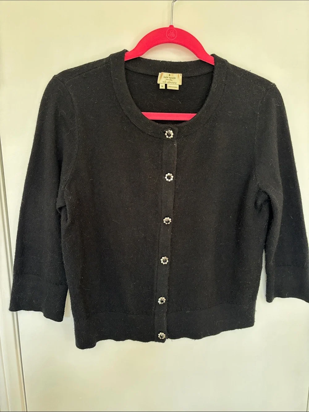 kate spade Black Crewneck Cashmere-Blend Cardigan with Floral Buttons